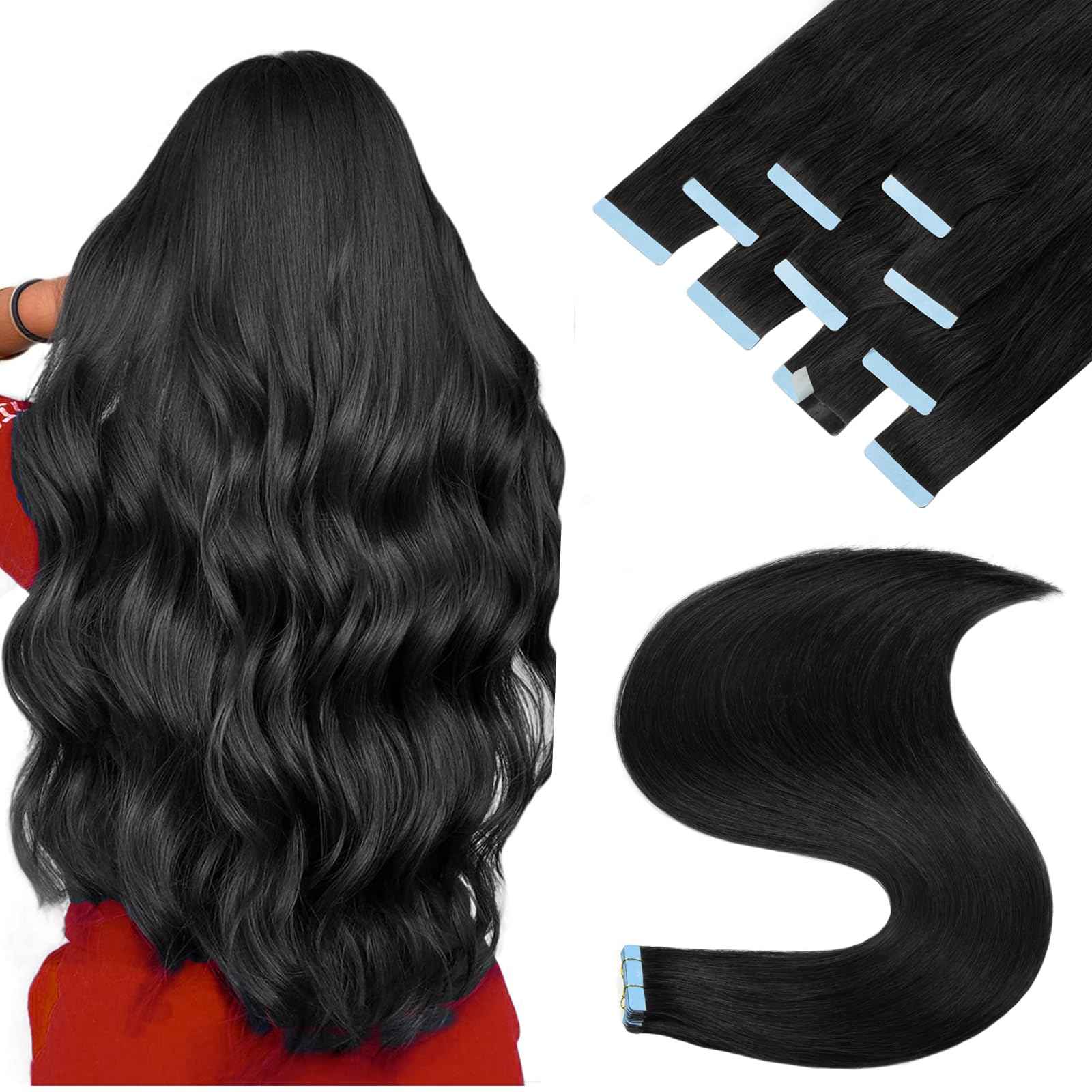 Tape in Hair Extensions Real Human Hair 18Inch Remy Seamless Invisible Tape in Extensions Jet Black Color Straight Human Hair Extensions for Women 50G 20Pcs Add Volume Double Sided Tapes