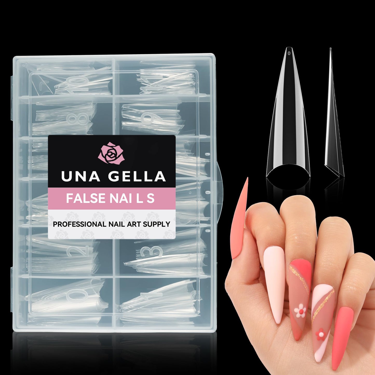 UNA GELLA Long Stiletto Almond Nail Tips for Acrylic Nails 216PCS XXL Long Stiletto False Fake Nails No C Curve Half Nail Tips Traceless Soft Gelly Tips Long Extensions 12 Sizes DIY Nail Art