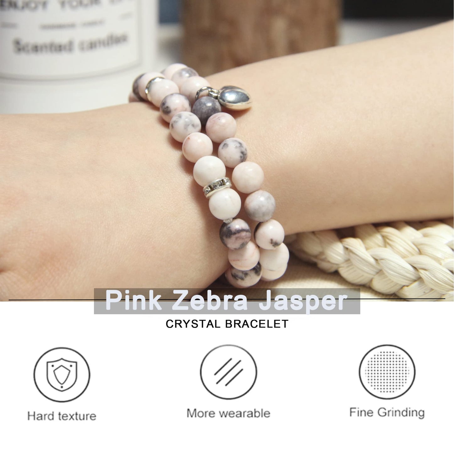 Healing Bracelets for Women - Pink Zebra Jasper Bracelet - Healing Prayers Crystal Bracelet, 8mm Natural Stone Anti Anxiety Stress Relief Yoga Beads Get Well Soon Gifts