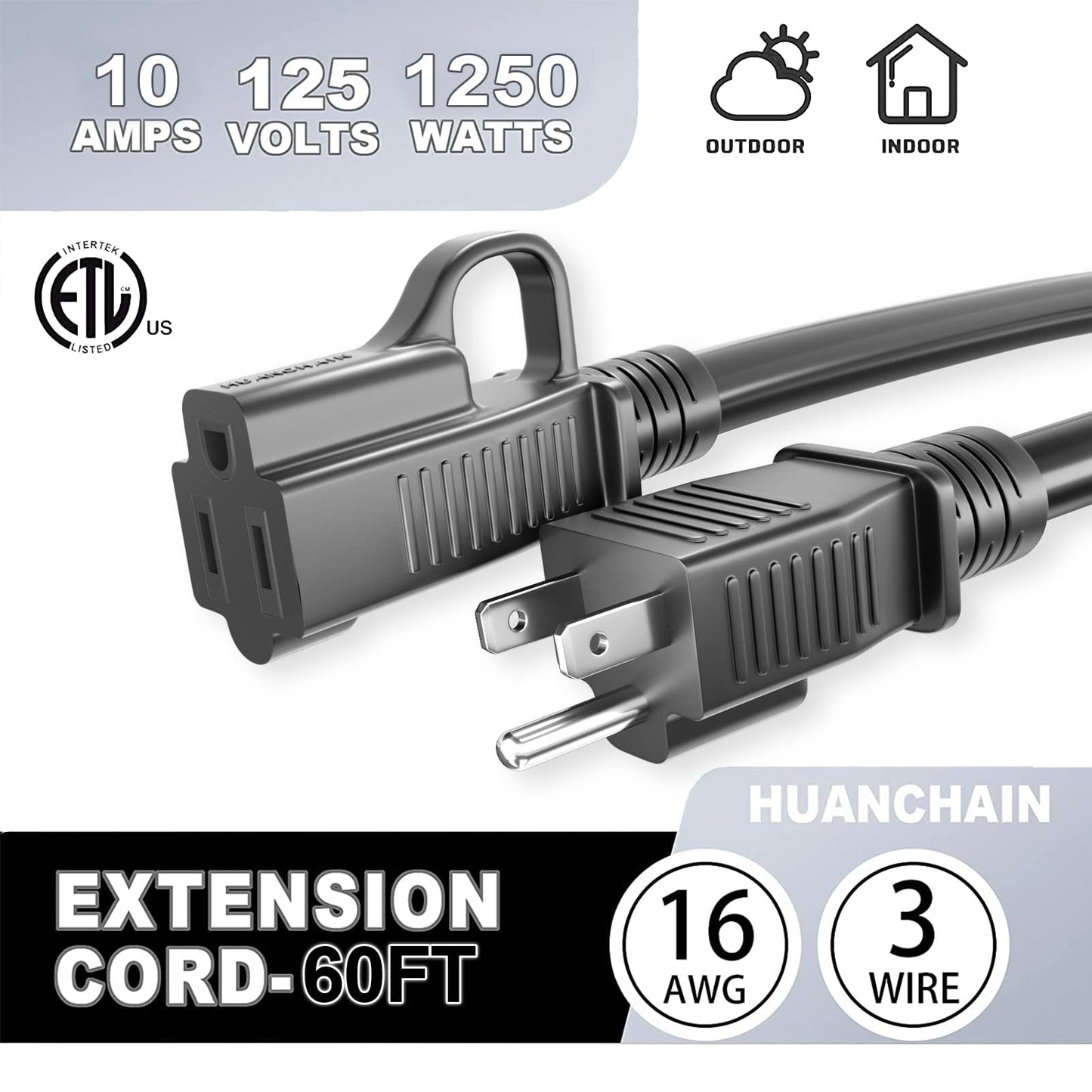 HUANCHAIN Indoor Outdoor Black Extension Cord 60 ft Waterproof, 16/3 Gauge Flexible Cold-Resistant Appliance Extension Cord Outside, 10A 1250W 16AWG SJTW, 3 Prong Heavy Duty Electric Cord, ETL