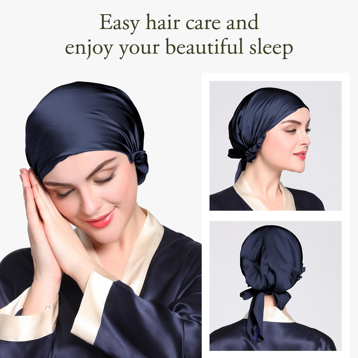 LilySilk Silk Bonnet for Sleeping Womens Sleep Cap 100% 19MM Mulberry Silk for Long Curly Hair Adjustable Stretchy Navy Blue