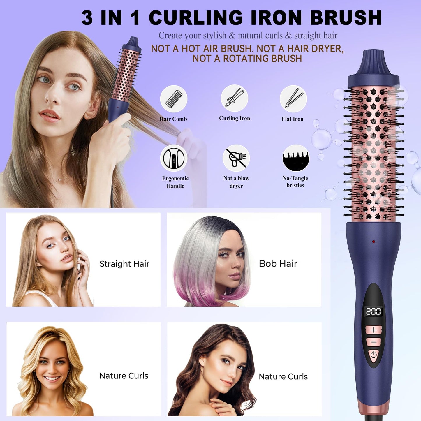 Thermal Brush, Heated Round Brush for Natural Curl,5 Heat Temps Negative Ion Hair Curler,Ionic Curling Iron Brush with Temperature Control, Volumizing Smoothing Hot Round Brush (1.5Inch)