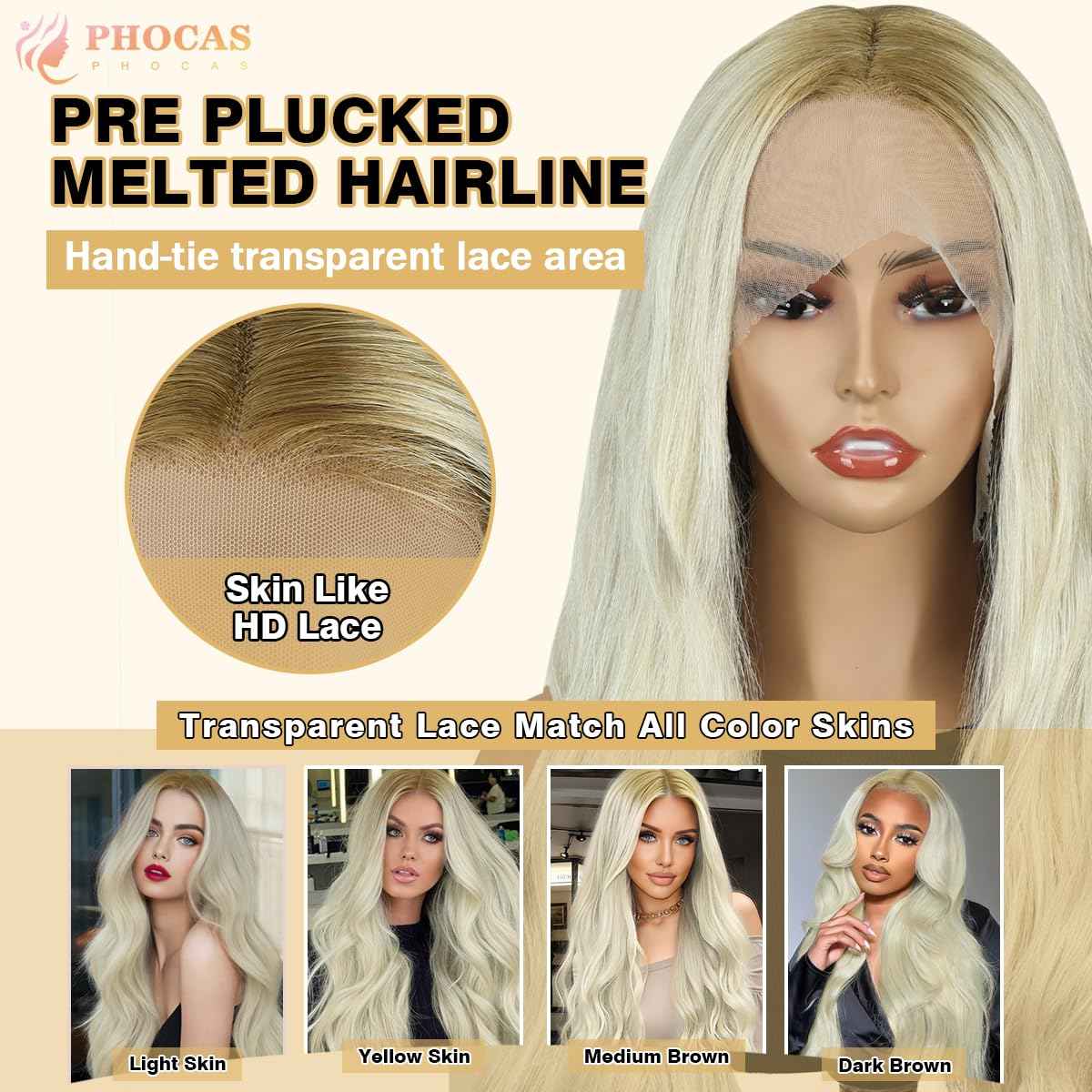 PHOCAS 30 Inch Curly Blonde Lace Front Wig 13x3 Synthetic Lace Front Wig Pre Plucked Free Part, Ombre Blonde Long Body Wave HD Lace Frontal Wigs for Women Halloween Cosplay Party Daily Use
