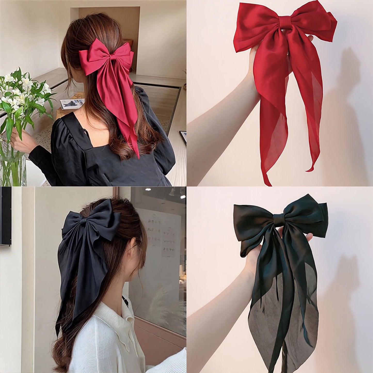 Big Bow Hair Clips for Women And Girls, Cute Silky Satin Bows Barrettes Hair Accessories Oversized Long Tail Ribbons Metal Hairpin 2pcs (black+black)