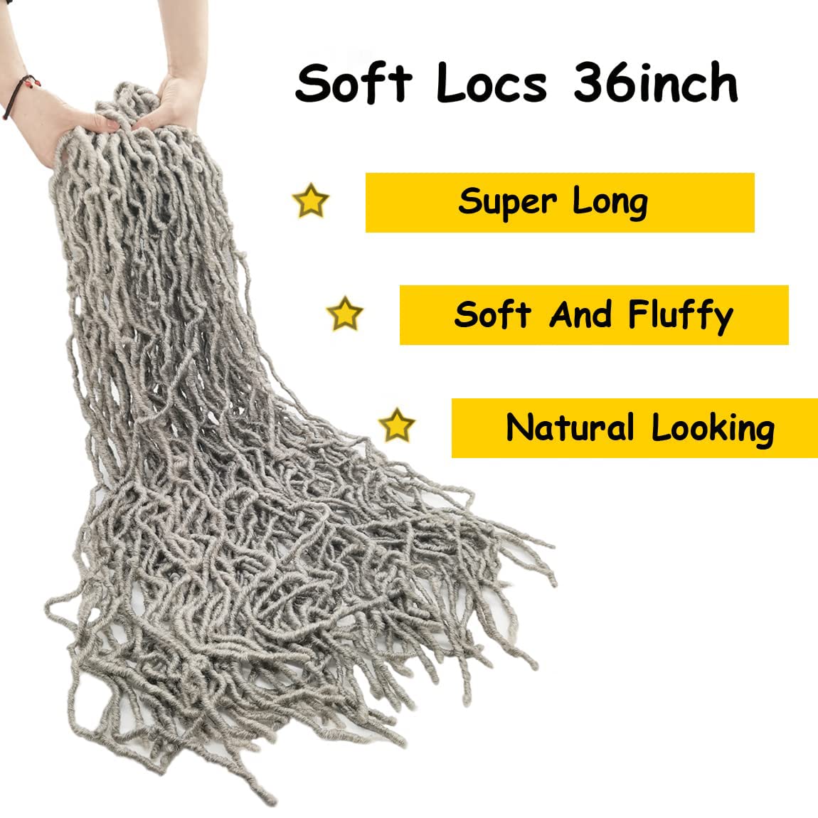 Grey Faux Soft Locs 36 Inch 2 Packs Gray Color Crochet Locs Hair Whole Strand No Extended Pre-looped Long Locs Synthetic Crochet Braids Hair Extensions For Black Women (36inch, 2packs, Grey)