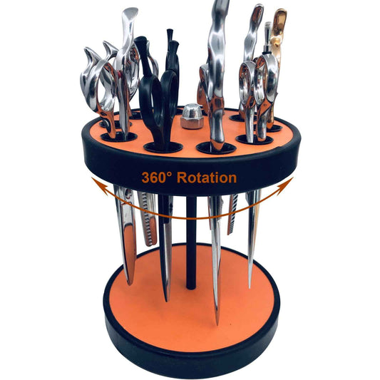 XDONEF Rotating Hair Scissors Holder, Wooden Barber Scissors Storage Holder Salon Shears Holder Hair Stylist Scissors Container Hairdressing Tools Organizer Orange