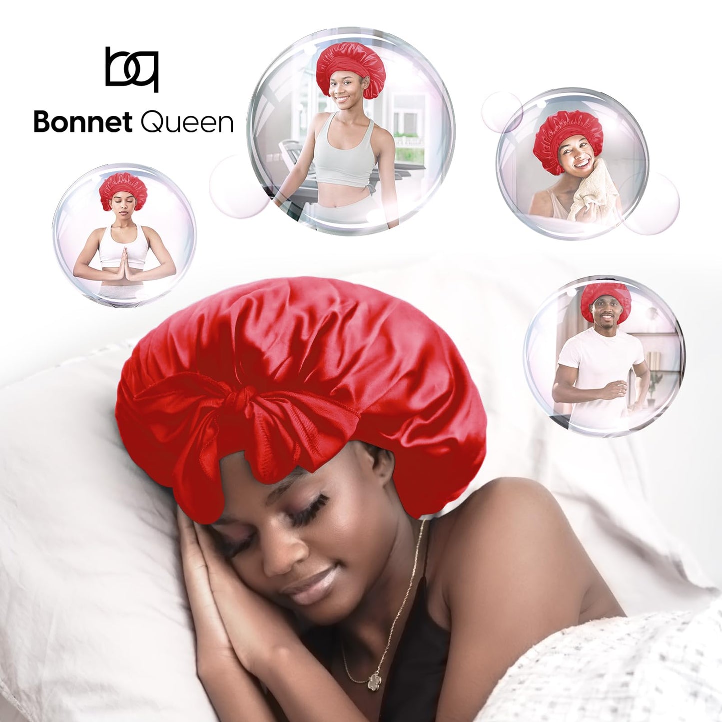 BONNET QUEEN Silk Bonnet for Sleeping Women Satin Bonnet Hair Bonnet night sleep cap scarf wrap for curly hair with tie band red