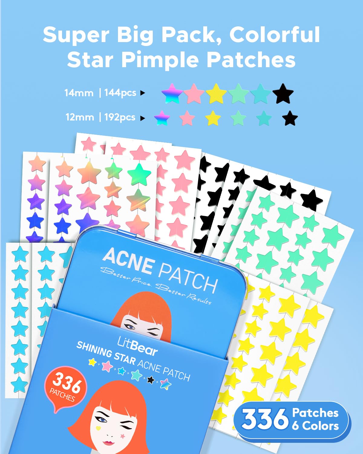 LitBear Acne Patch Pimple Patch, 6 Colors 336 Dots Star Pimple Patches with Tea Tree Oil & Centella Oil, Hydrocolloid Acne Pimple Patches for Face Cute Zit Patches Pimple Stickers Acne Dots