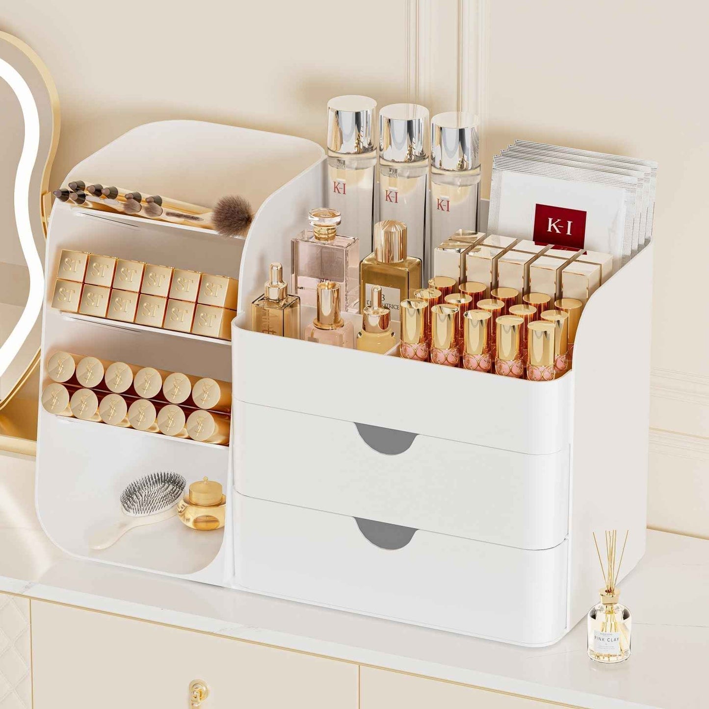 Makeup Organizer with Brush Holder for Vanity,Countertop Makeup Organizer with Drawers,Spacious Cosmetic Display Case,Perfect Storage Solution for Your Beauty Essential (All White, Large)