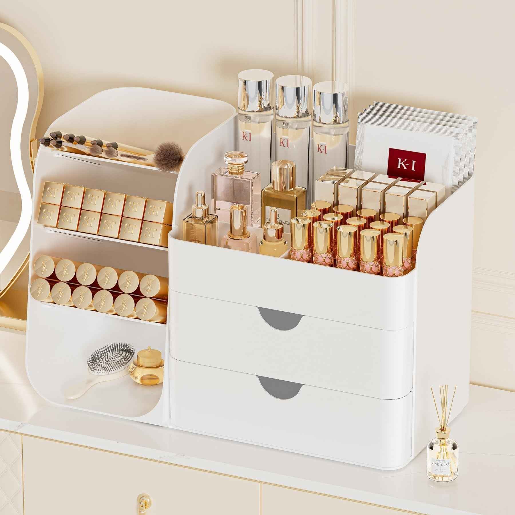 Makeup Organizer with Brush Holder for Vanity,Countertop Makeup Organizer with Drawers,Spacious Cosmetic Display Case,Perfect Storage Solution for Your Beauty Essential (All White, Large)