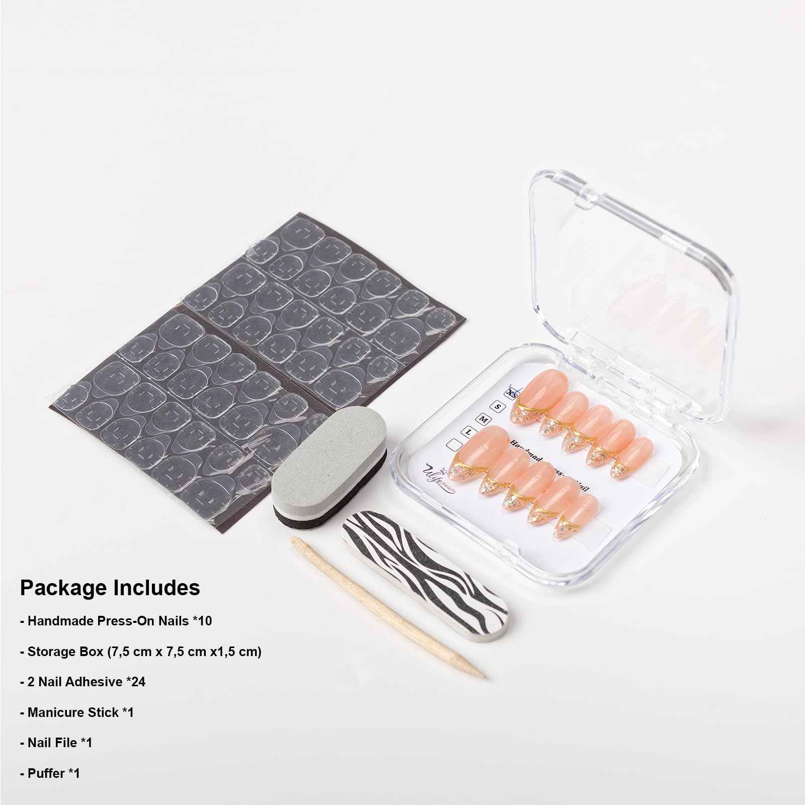 Basic Design with Chrome, French, Light Star Almond Press On Nails, Classic Design Fake Nails for Chrismast Event, Wedding Event, Prom, Party (S005, XS)