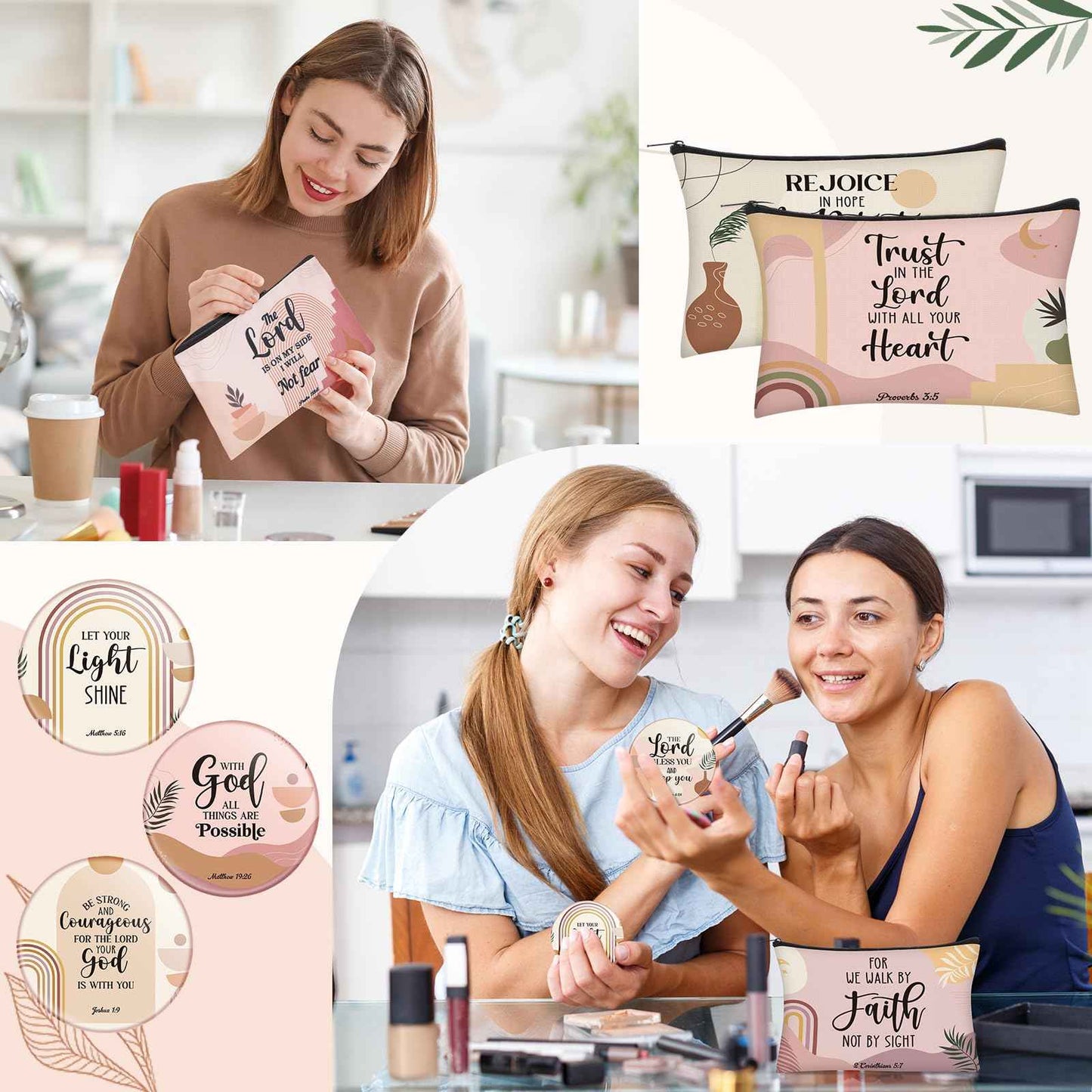 Geelin 24 Pcs Christian Gifts Bulk for Women 12 Religious Canvas Makeup Bags 12 Boho Bible Verse Compact Mirrors Inspirational Church Party Gifts for Women Mother Sister