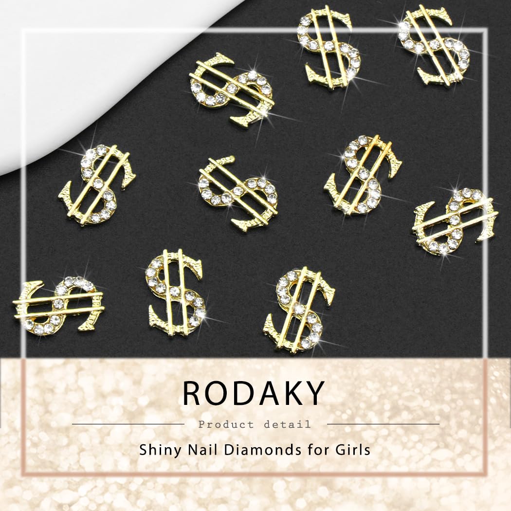 RODAKY 10PCS Gold Dollars Nail Charms 3D Alloy Money Sign Charms Shiny Nail Jewelry Luxury Nail Gems Rhinestone for Acrylic Nails Manicure DIY Decoration Accessories for Women and Girls