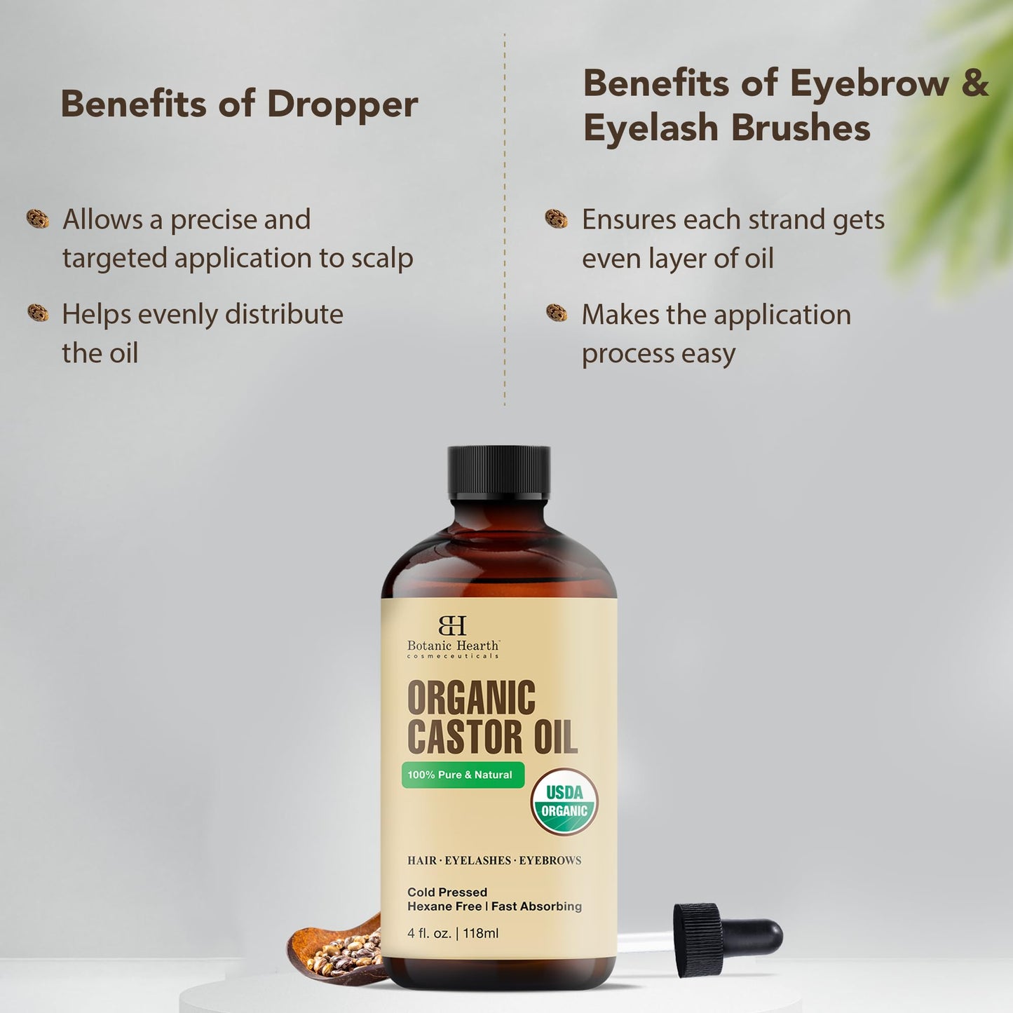 Botanic Hearth Castor Oil | USDA Certified Organic |100% Pure & Hexane Free | Cold Pressed | Growth for Eyelashes, Eyebrows, Hair | With Eyebrow & Eyelash Brush | 4fl oz