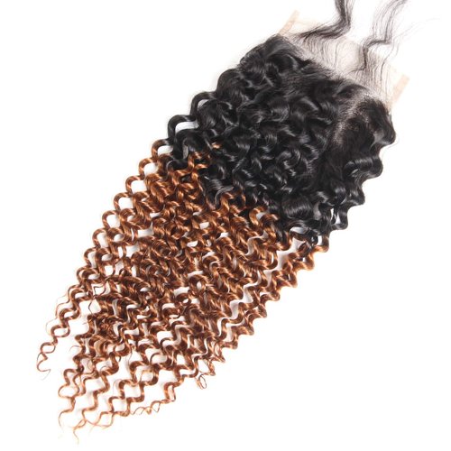 Afro Kinky Curly Human Hair Pre-Plucked Hairline With Baby Hair 2 Tone 1b/30 closure, Ombre 1B/30 Brazilian Kinky Curly Hair Closure with Bundles, 4X4 Inch Free Part Swiss Lace Closure 16 Inch