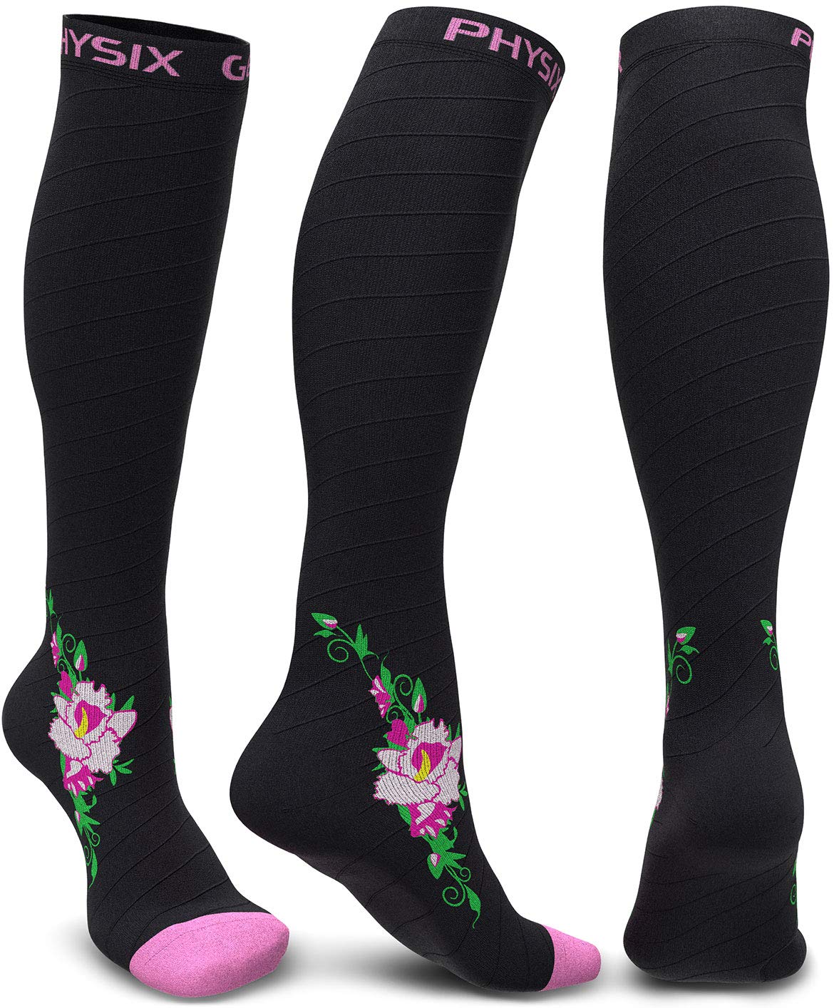 Physix Gear Compression Socks 20-30 mmHg - Men & Women - Running, Nurses, Shin Splints, Flight, Travel (BLACK / PINK FLOWER-L/XL)