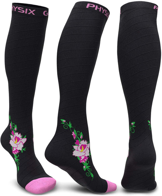 Physix Gear Compression Socks 20-30 mmHg - Men & Women - Running, Nurses, Shin Splints, Flight, Travel (BLACK/PINK FLOWER-S/M)