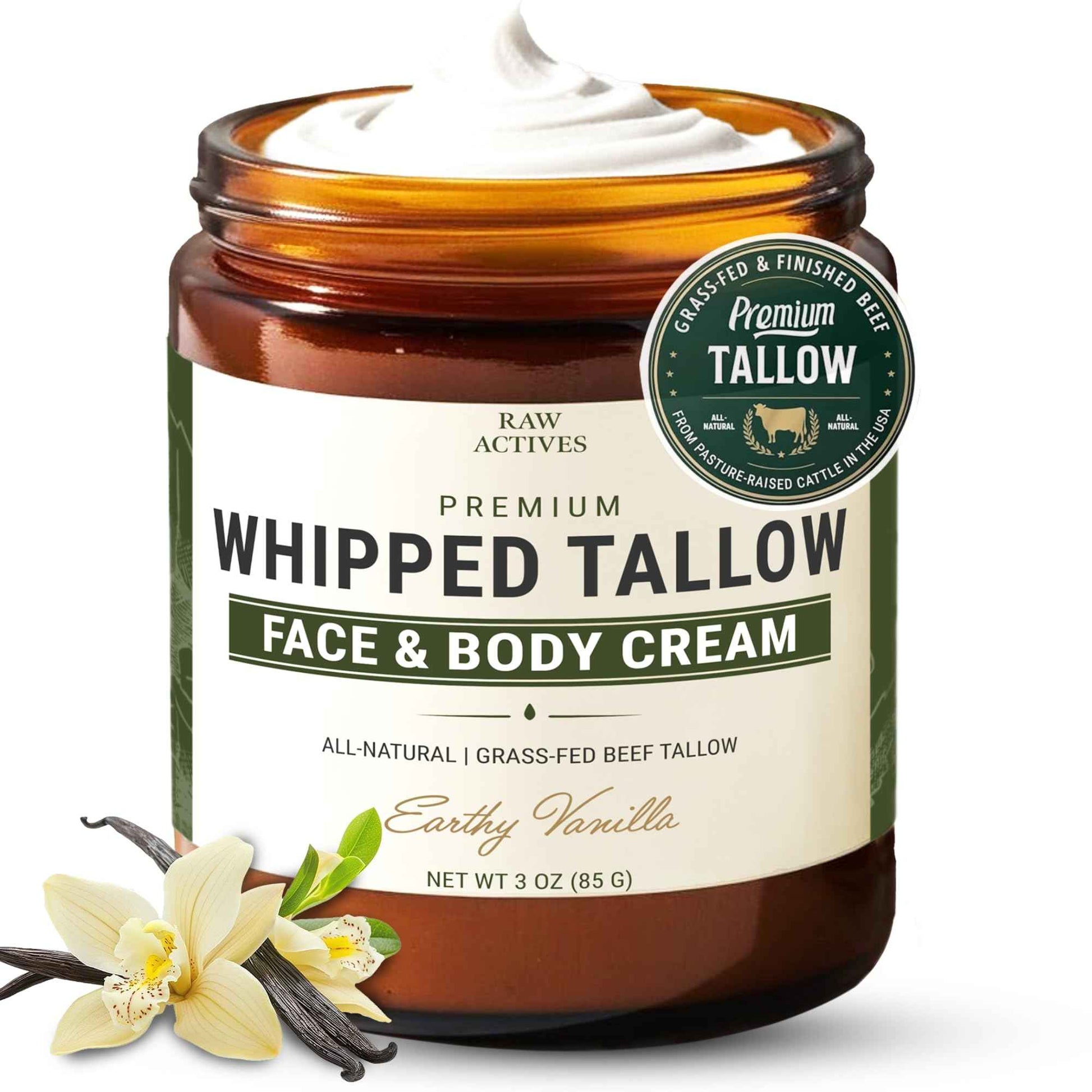 RAW ACTIVES Beef Tallow for Skin Care - 100% Grass Fed Grass Finished - with Organic Jojoba, Prickly Pear, Rosehip, Tamanu Oils, Neroli, Vanilla & Manuka Honey - 3oz