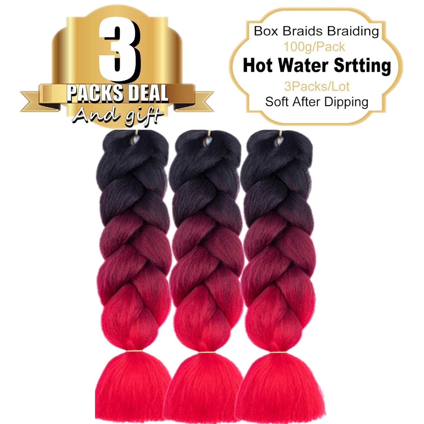 TENGSHUO FLY Black to Deep Red to Red Braiding Hair 3 Packs Synthetic Braid Hair Extensions Jumbo Ombre Braiding Hair 24 Inch or Box Braids Twist Crochet Braids(24"3Pack,Black to Deep Red to Red)