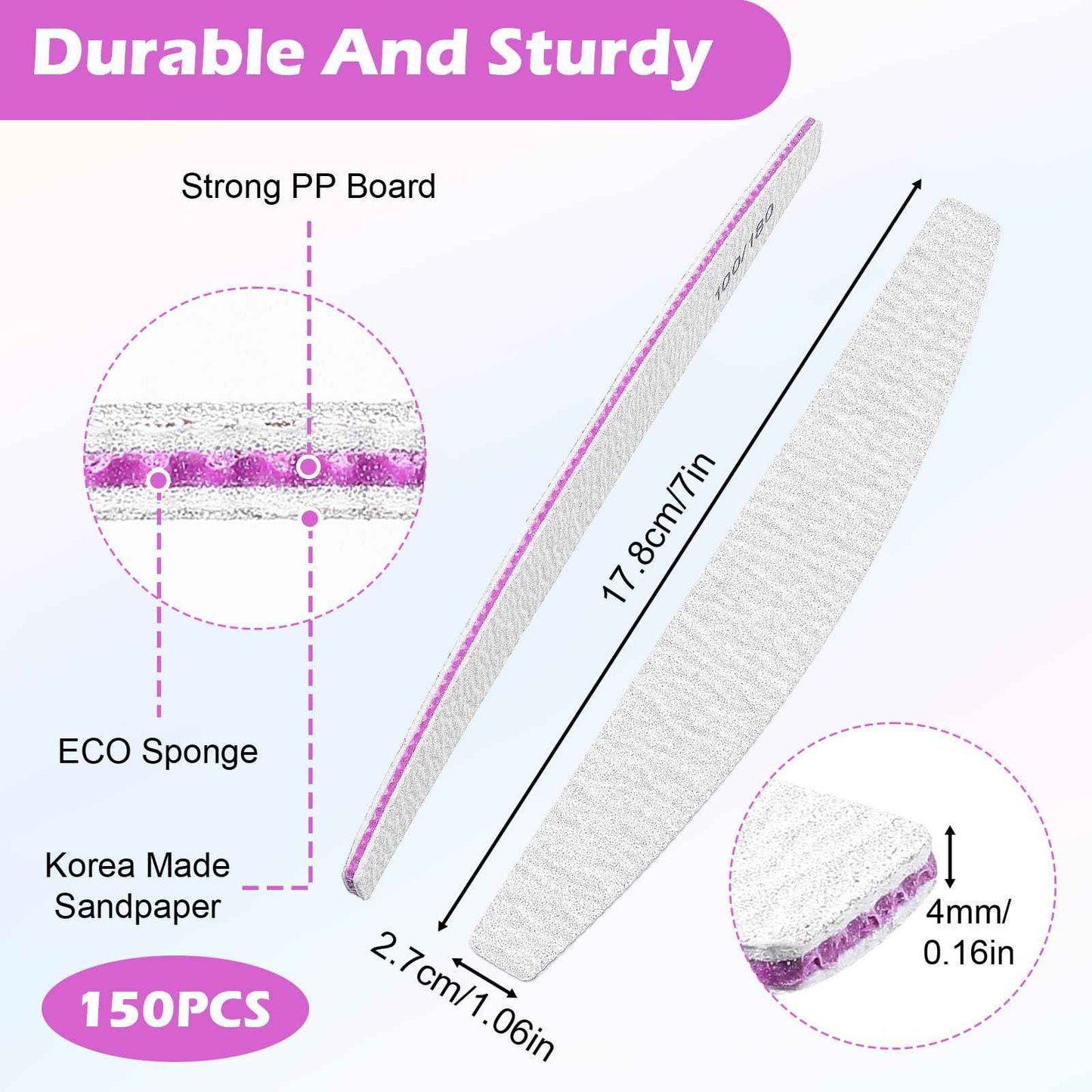 150 Pcs 100/180 Grit Nail Files Bulk, Professional Nail Files 100/180 Grit, Double Sided Emery Boards Reusable Manicure Tools for Acrylic Natural Nails, Home or Salon Use