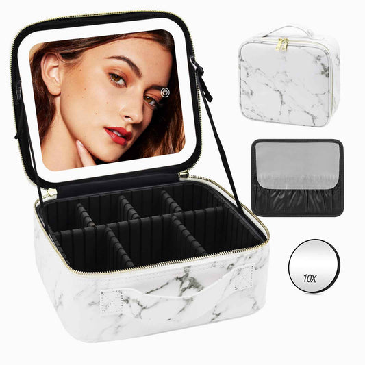 Travel Makeup Bag with Lighted Mirror Partitionable Makeup Train Case with 3 Color Modes Dimming Light up Mirror Make up Cosmetic Organizer Bag with 10X Magnifying Mirror, Toiletry Gift Accessories