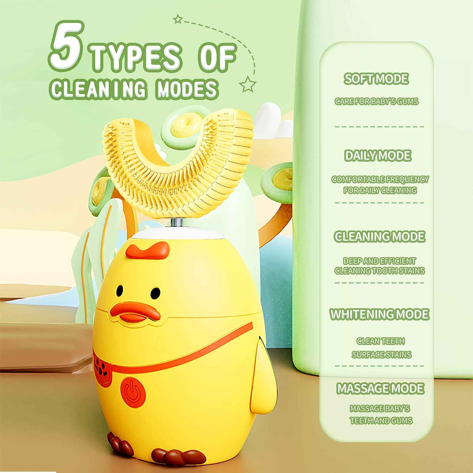 RexCodar Kids Electric Ultrasonic Toothbrush, U Shaped IPX7 Waterproof with 5 Smart Modes (Cartoon Duck, Ages 2-6)