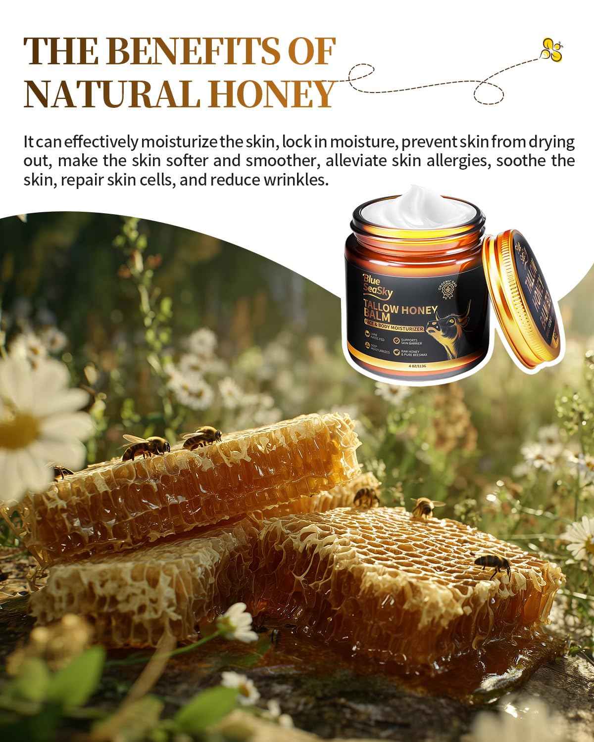 Upgraded Beef Tallow for Skin Handmade Whipped Organic Grass-Fed Tallow Balm with Raw Wild Honey for Eczema & Rosacea,Non-Comedogenic Face,Body Moisturizer for Dry, Sensitive Skin - 4oz Unscented