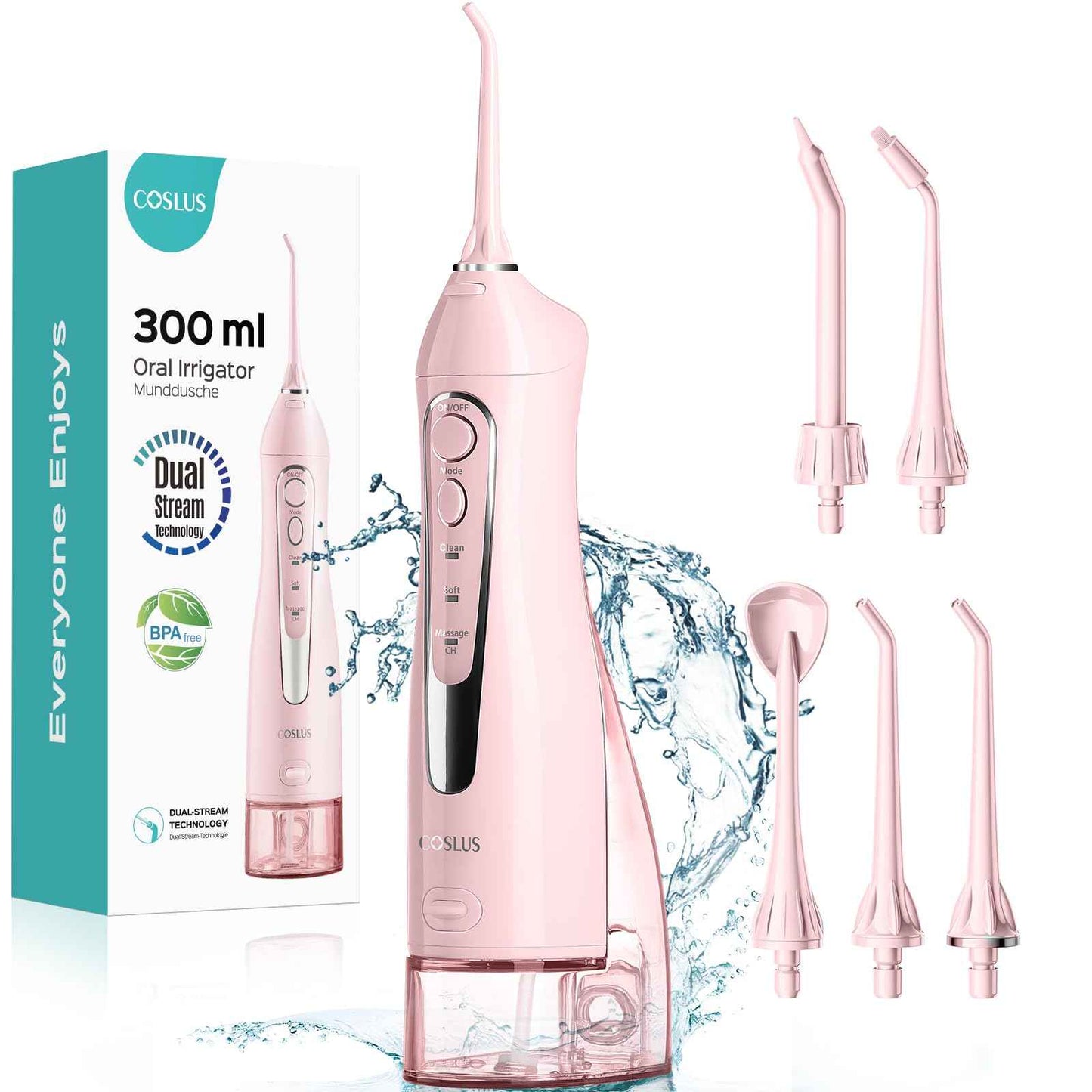 COSLUS Water Dental Flosser Teeth Pick: Portable Cordless Oral Irrigator 300ML Rechargeable Travel Irrigation Cleaner IPX7 Waterproof Electric Flossing Machine for Teeth Cleaning C20(F5020E) Pink