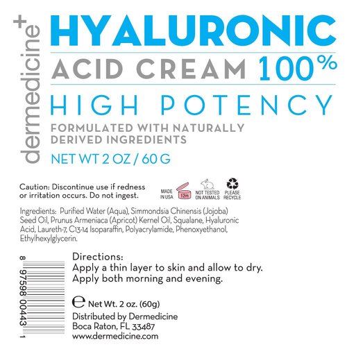 Dermedicine 100% Hyaluronic Acid Cream Face w/Jojoba Oil & Apricot Oil Professional Grade Intense Hydration Keeps Skin Looking Plump & Feeling Moisturized Skin Color & Tone