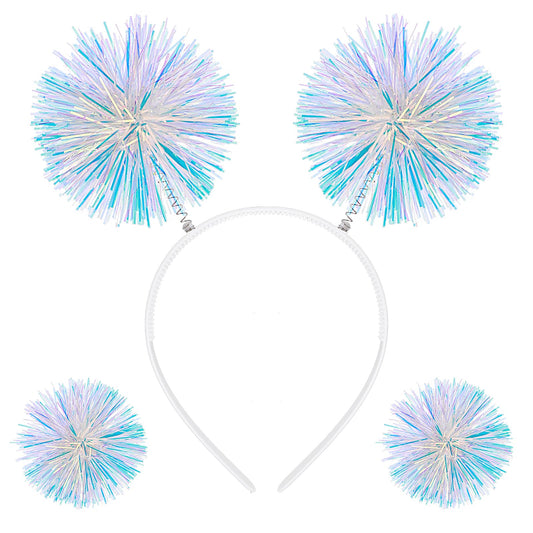 WLLHYF 3 PCS Pom Pom Party Cute Headband White Pink Foil Strips Ball Hairpin Headwear Birthday Stage Props Cosplay Costumes Halloween Accessory for Girls Adults Women Christmas (blue)