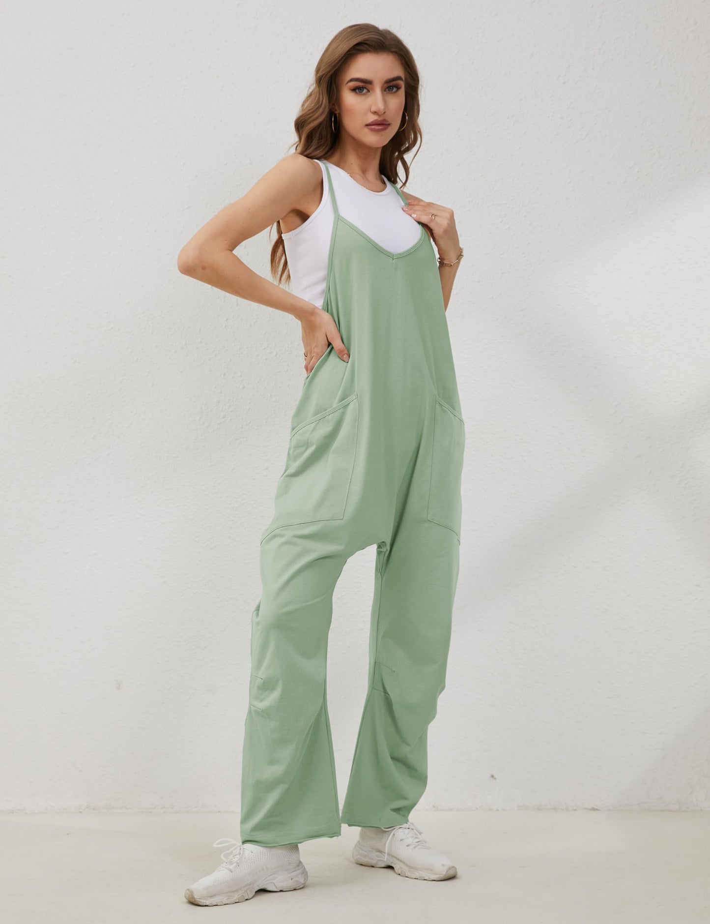 Lentta Women's Causal Jumpsuits V Neck Sleeveless Harem Overalls Stretchy Adjustable Strap Romper with Pockets(PeaGreen-S)