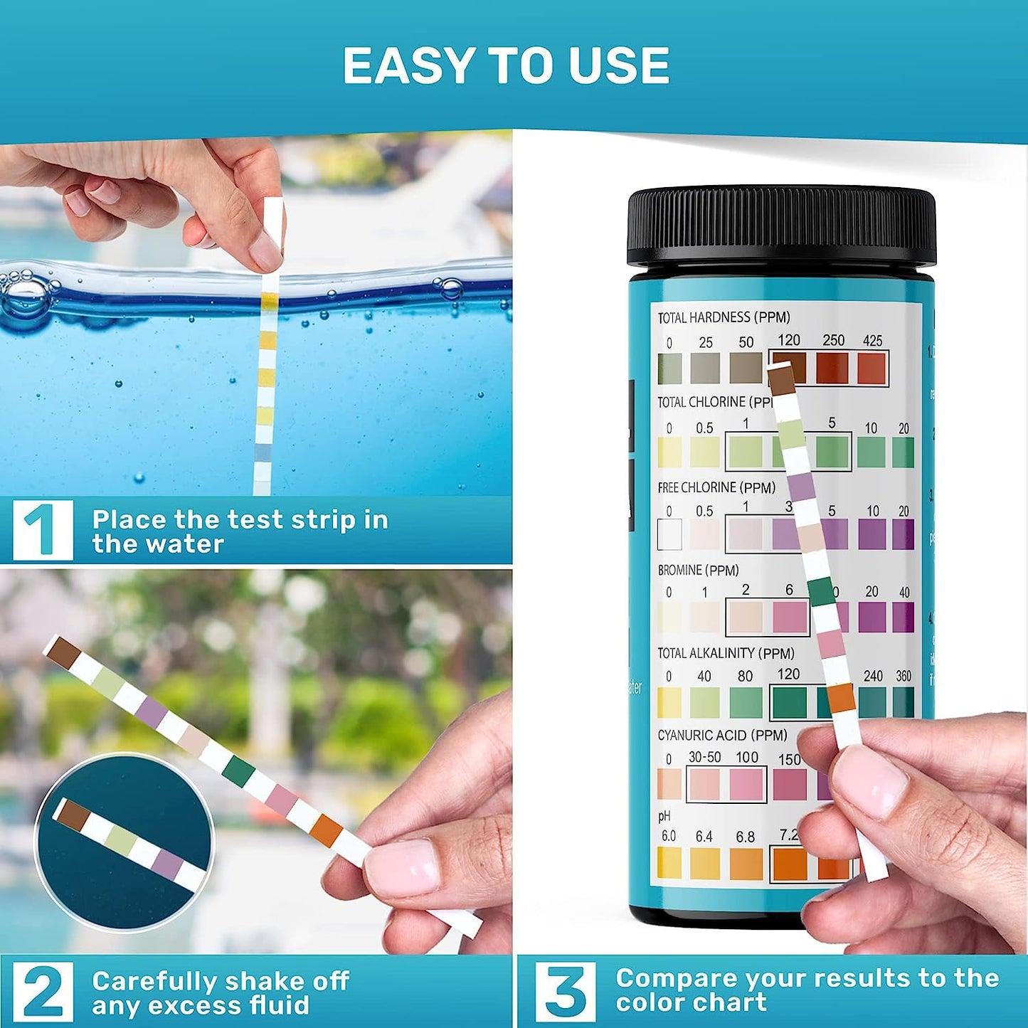 7-Way Pool Test Strips, 100 Quick & Accurate Pool and Spa Test Strips, Pool Water Test Kit - Chlorine, Bromine, pH, Hardness, Alkalinity, Pool Water Tests, Spa and Hot Tub Test Strips with Ebook - JNW