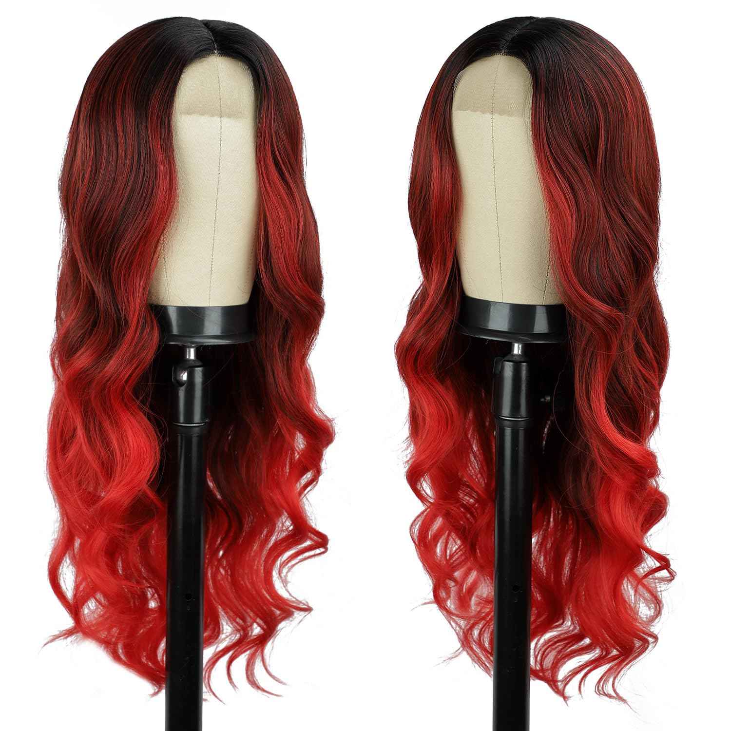 LUNDEREN Red Wavy Wig 26 Inch Long Red Ombre Wigs for Women Ombre Red Middle Part Wig Synthetic Heat Resistant for Daily Party Use (Ombre Red 26 Inch)