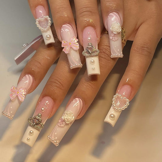 Long Fake Nails Coffin Press on Nails Pink Full Cover Stick on Nails French Tip False Nails with 3D Butterfly Flower Designs Rhinestones Nails Cute Glue on Nails Artificial Nails for Women 24Pcs