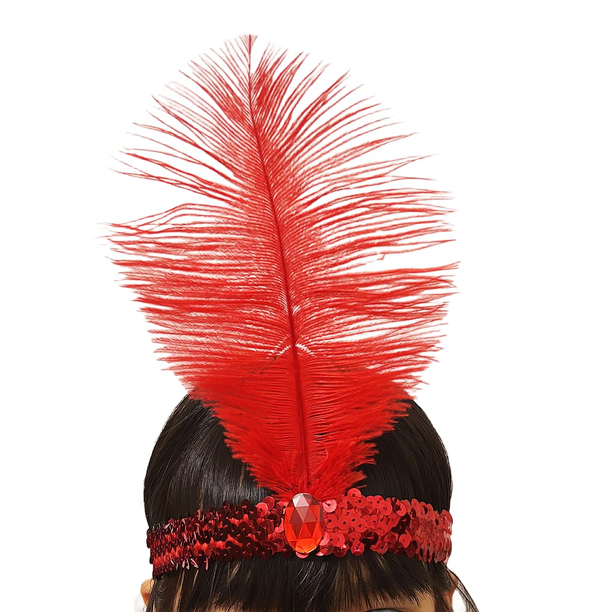 XKTEI 2pcs Feather Headdress,Sequins Headband,1920s Flapper Headpiece,Carnival Party Headwear,Costume for Gatsby Theme Party,Mardi Gras Feather Headband (Red-1)