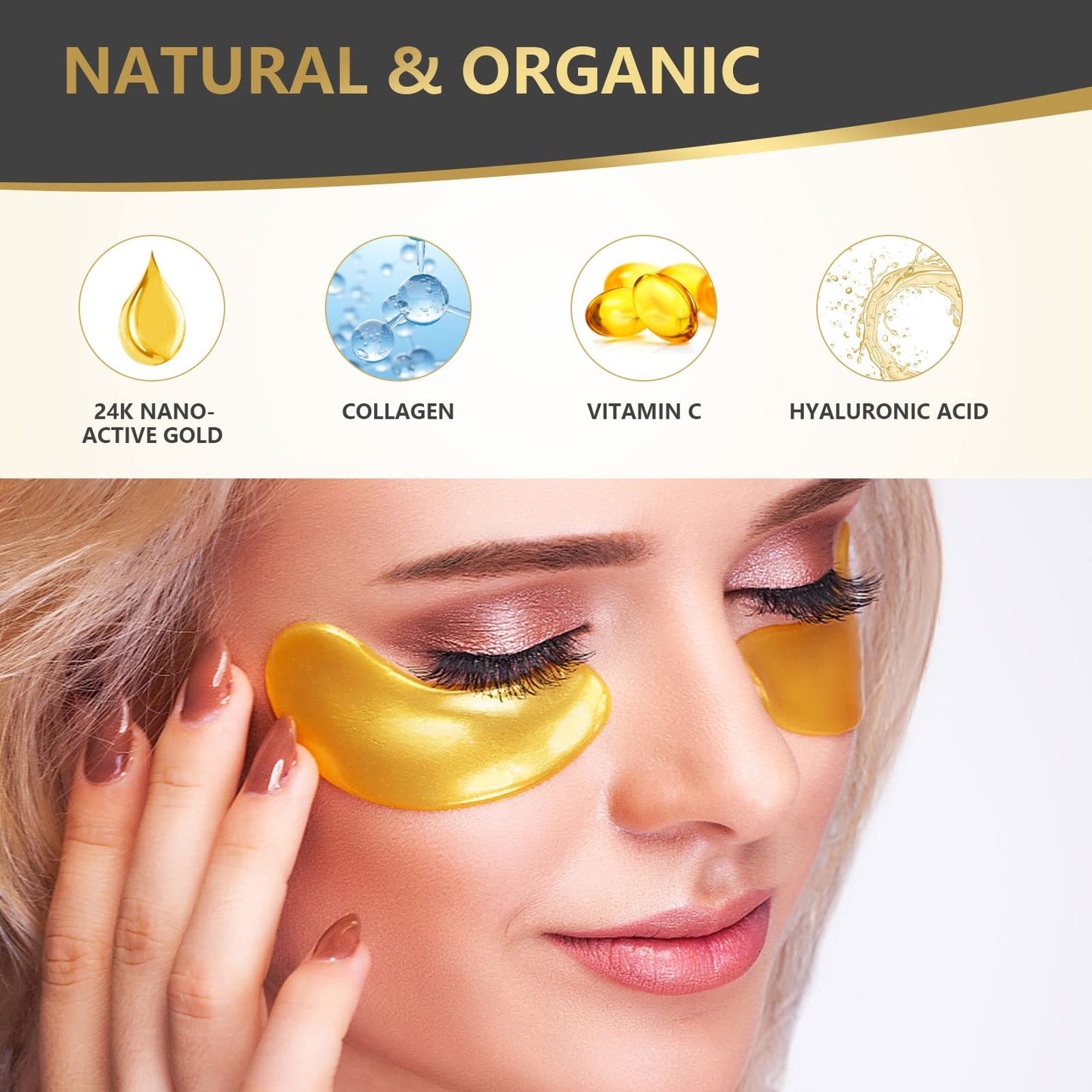 W WATLUSY FOR EYE 24K Gold Eye Mask, 30 Pairs, Natural Anti-aging Eye Pads for Puffy Eyes, Dark Circles, and Eye Bags with Amino Acid & Collagen, with Revitalize and Hydrate Your Skin