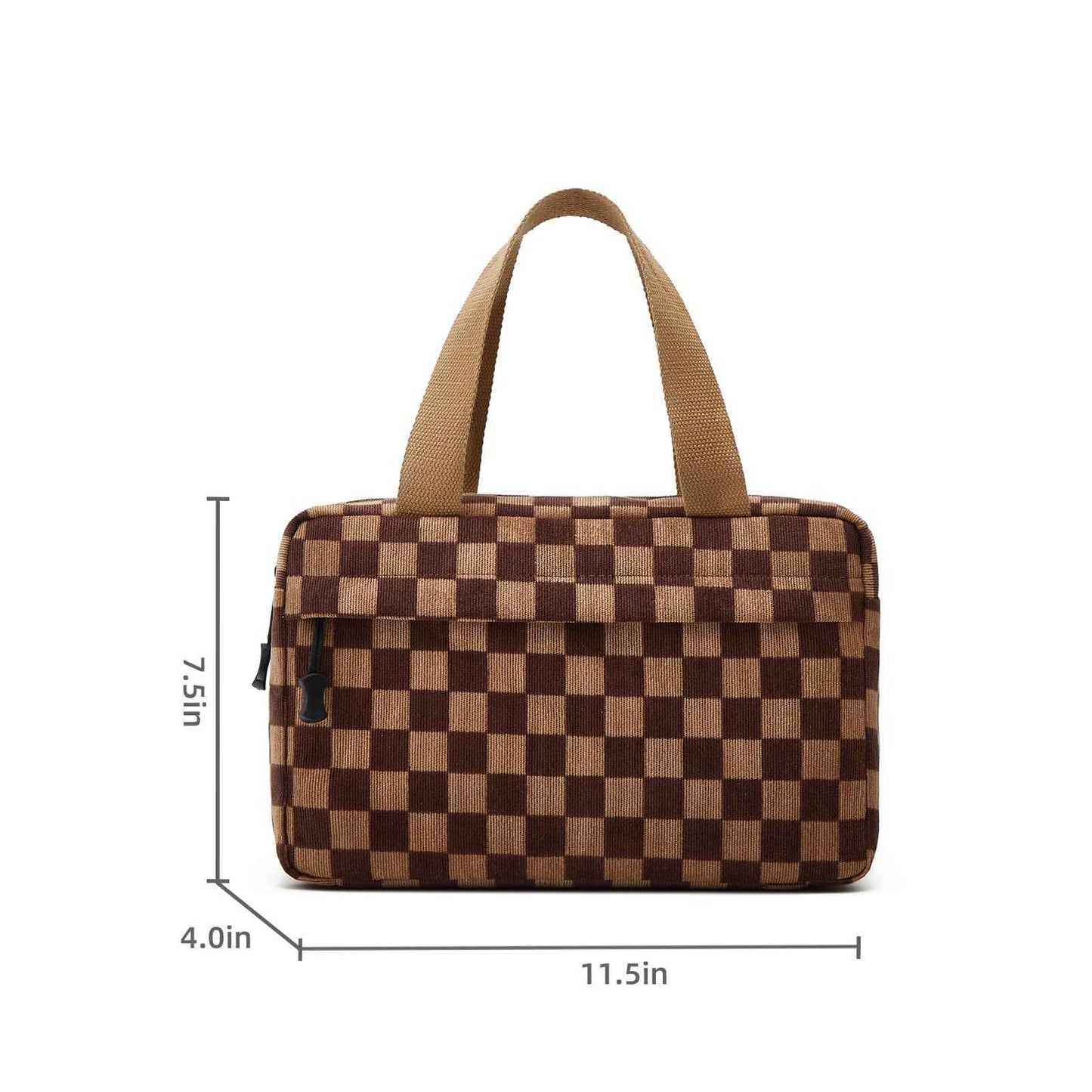 ZOEMTIU Large Makeup Bag for Women Corduroy Cosmetic bag Make up Bags Zipper Pouch with handle Cosmetic Organizer Toiletry Bag for Travel Storage (Checkered Darkbrown)