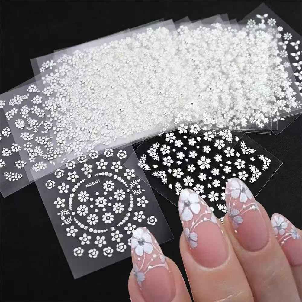 White Flower Nail Art Stickers White Flower with Rhinestones Nail Decals 3D Self Adhesive Nail Stickers Nail Art Designs Flowers Sticker for Nails Decorations 30 Sheets
