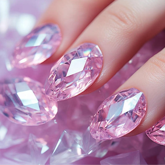 Diamond Press on Nails for DIY Manicure Glossy Pink Gradient Acrylic Medium Almond False Nails Gel Glue on Nails Ombre Fake Nails Stick on Nails for Women Girls 24Pcs Optical Reflection Design