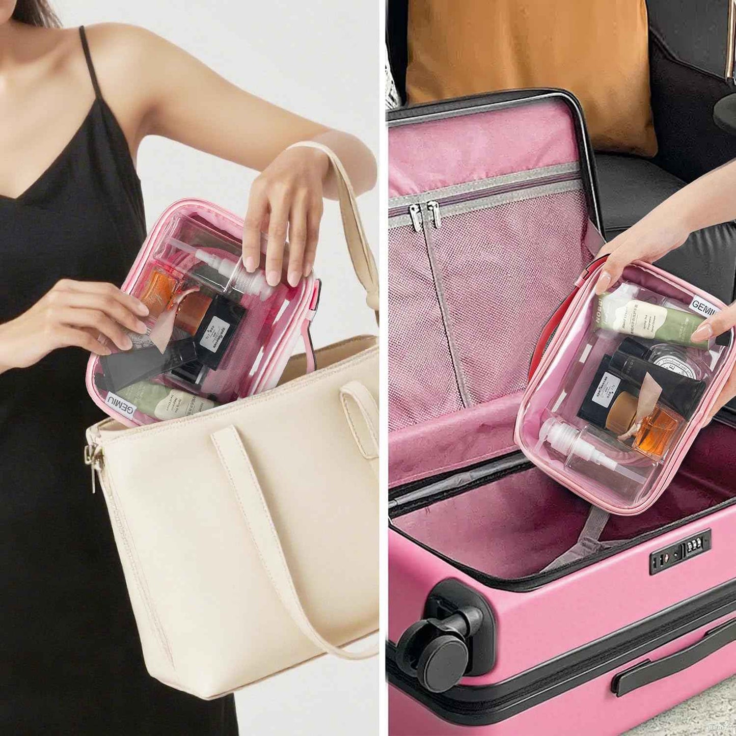 GEMIU Clear Makeup Bag Toiletry Bag for Women 4 Compartments Travel Cosmetic Case Large Capacity Waterproof Skincare Pouch Organizers with Zippe Deep Pink