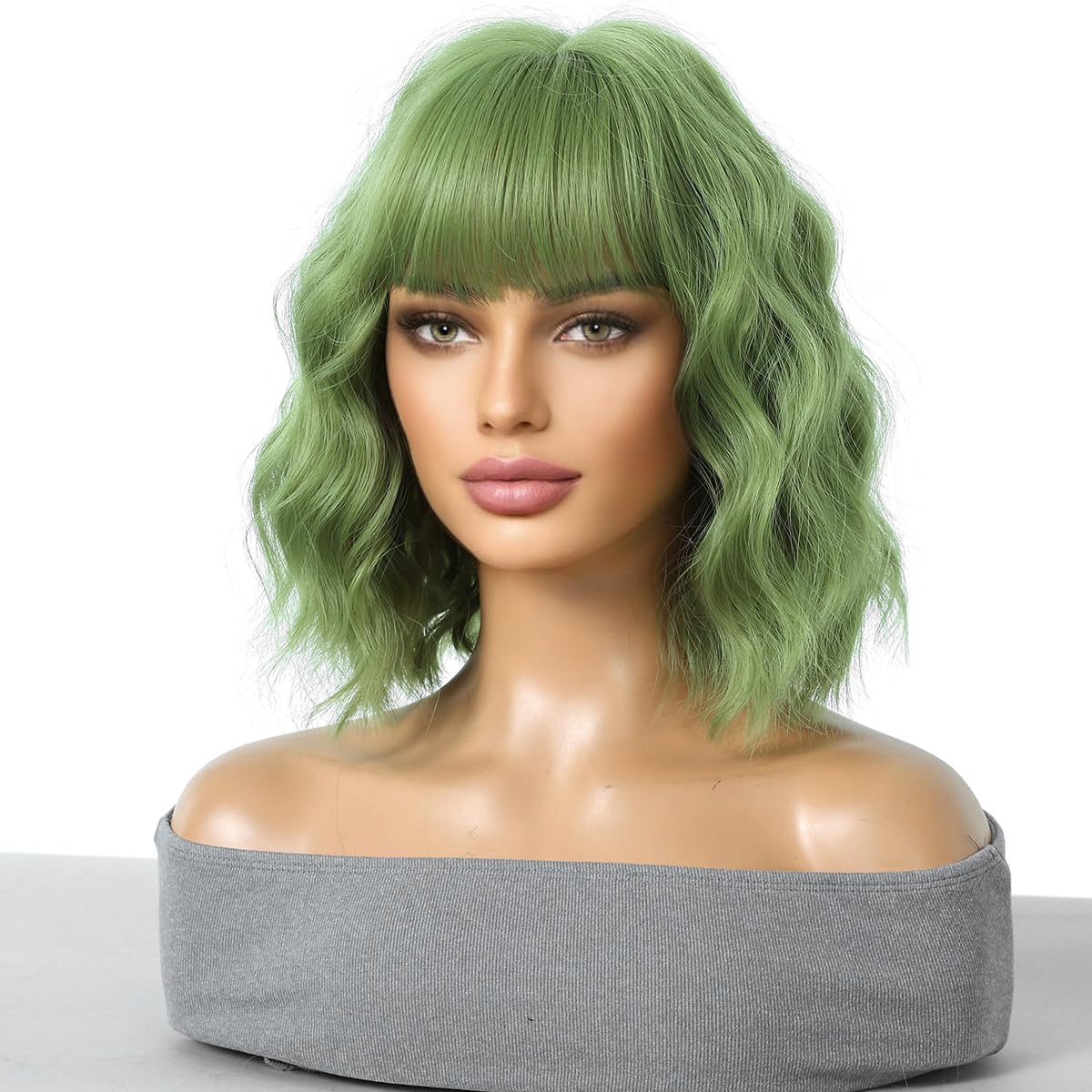 WTHCOS Green Wig Short Curly Wavy Hair Wig With Bangs Avocado Green Wig for Women Matcha Green Wig Short Bob Wig Heat Resistant Synthetic Hair Wigs for Daily Use Cosplay Wig With Wig Cap