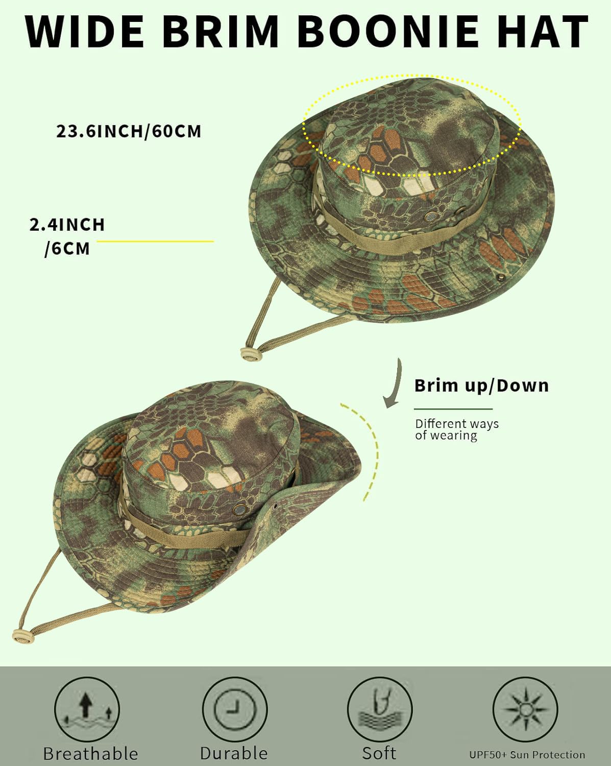 Sun Hats for Men Women Bucket Hat UPF 50+ Boonie Hat Foldable UV Protection Hiking Beach Fishing Summer Safari(1pack-Green Mang Pattern)