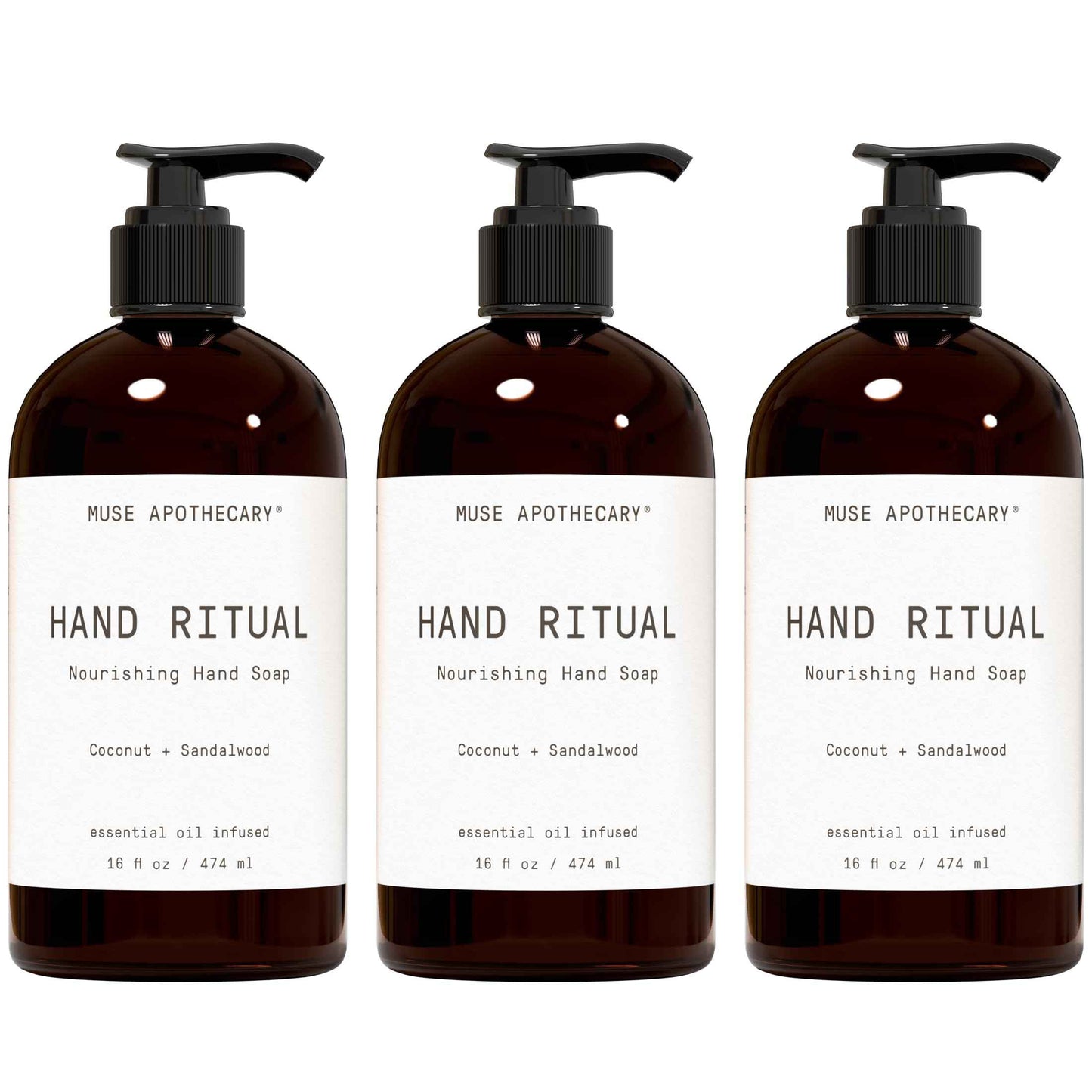 Muse Apothecary Hand Ritual - Aromatic and Nourishing Hand Soap, Infused with Natural Aromatherapy Essential Oils - USDA Certified Biobased - 16 oz, Coconut + Sandalwood, 3 Pack