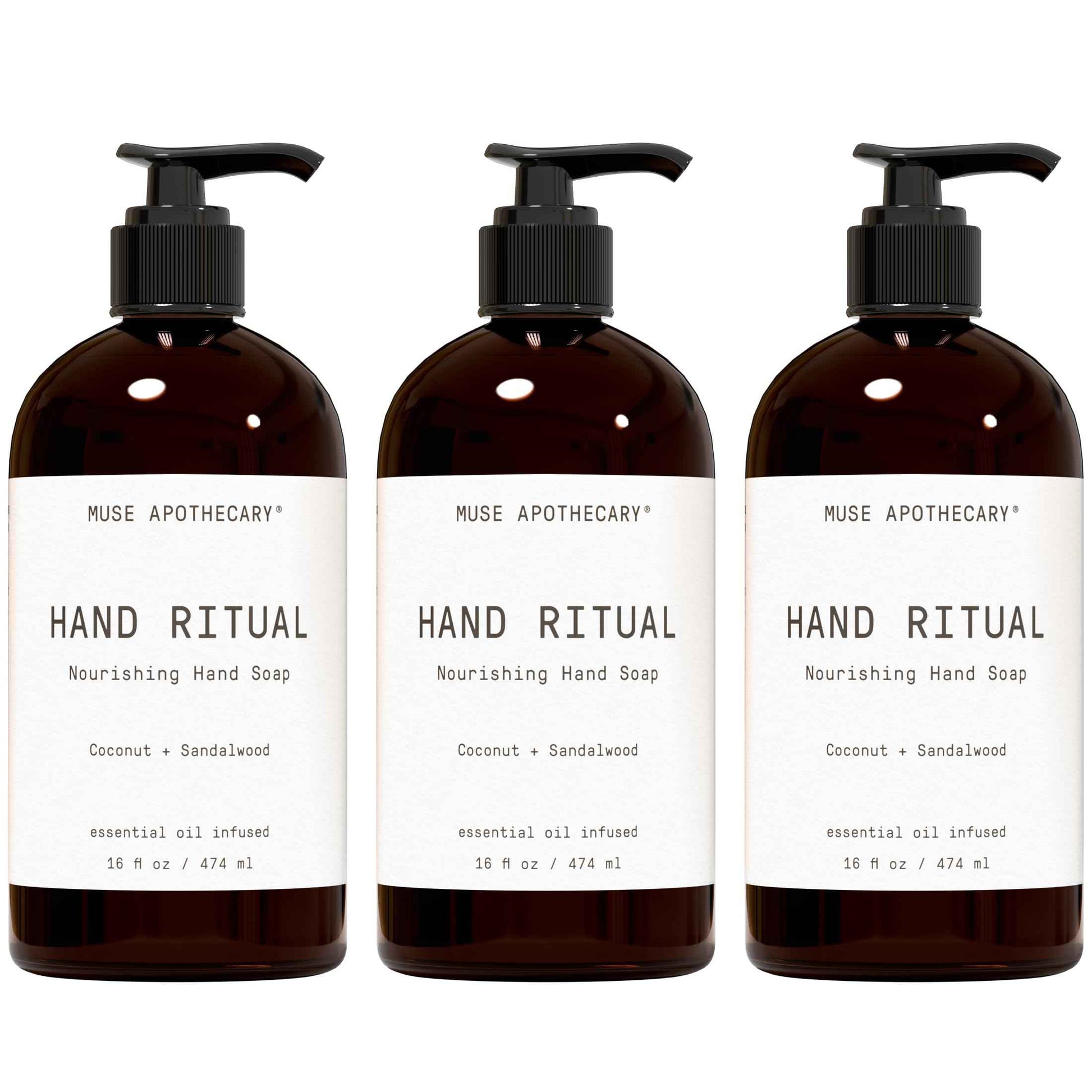 Muse Apothecary Hand Ritual - Aromatic and Nourishing Hand Soap, Infused with Natural Aromatherapy Essential Oils - USDA Certified Biobased - 16 oz, Coconut + Sandalwood, 3 Pack
