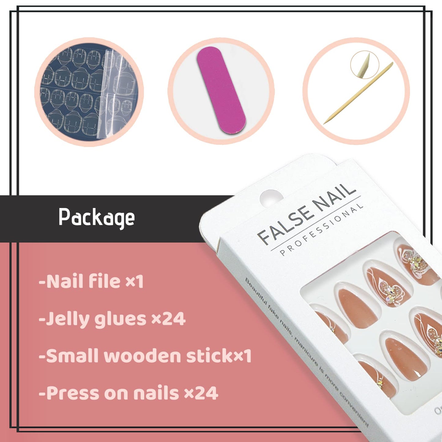 YOSOMK Nude Almond Fake Nails Medium Press on Nails with Flower Designs Glossy False Nails Glitter Rhinestones Stick on Artificial Nails for Women