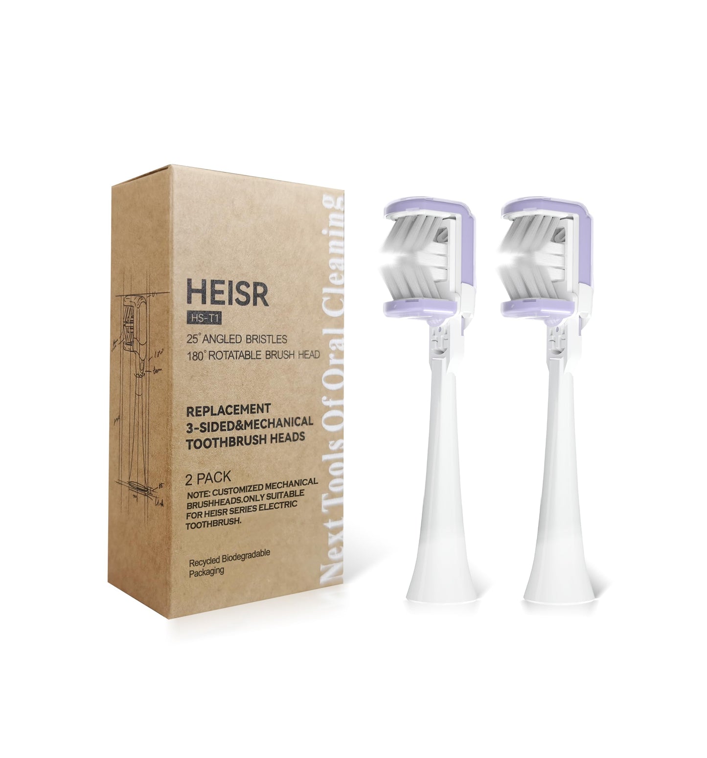Heisr Premium Customized 3-Sided Ultra Clean Replacement Brush Heads, Innovative 180° Rotatable Mechanical Brush Head, 25° Angled Soft Bristles, for Ultimate Cleaning with Heisr HS-X1, 2 Count, HS-T1