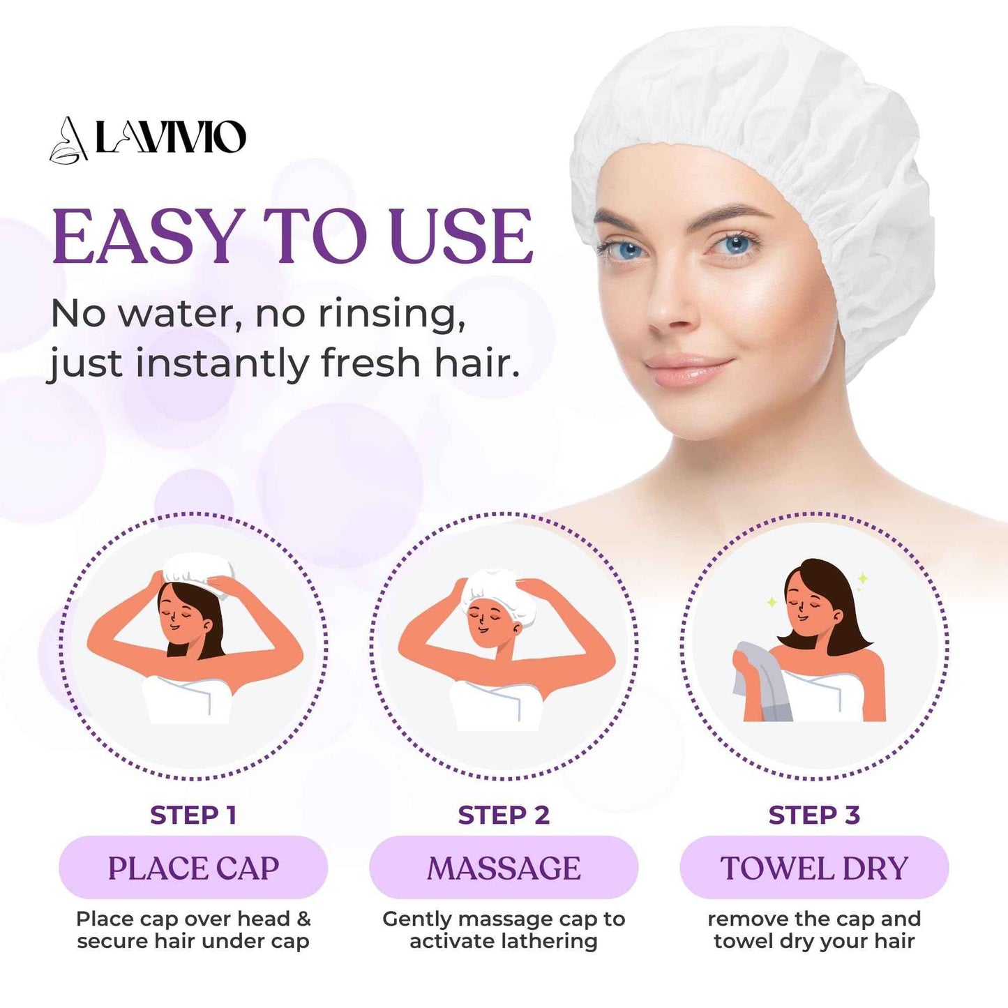 LAVIVIO No Rinse Shampoo Caps – Waterless Hair Washing Shower Caps for Bedridden Patients, Elderly, Hospital Use – Disposable Rinseless Conditioning Bathing Supplies with Aloe Vera, Vitamins - 12 Pack