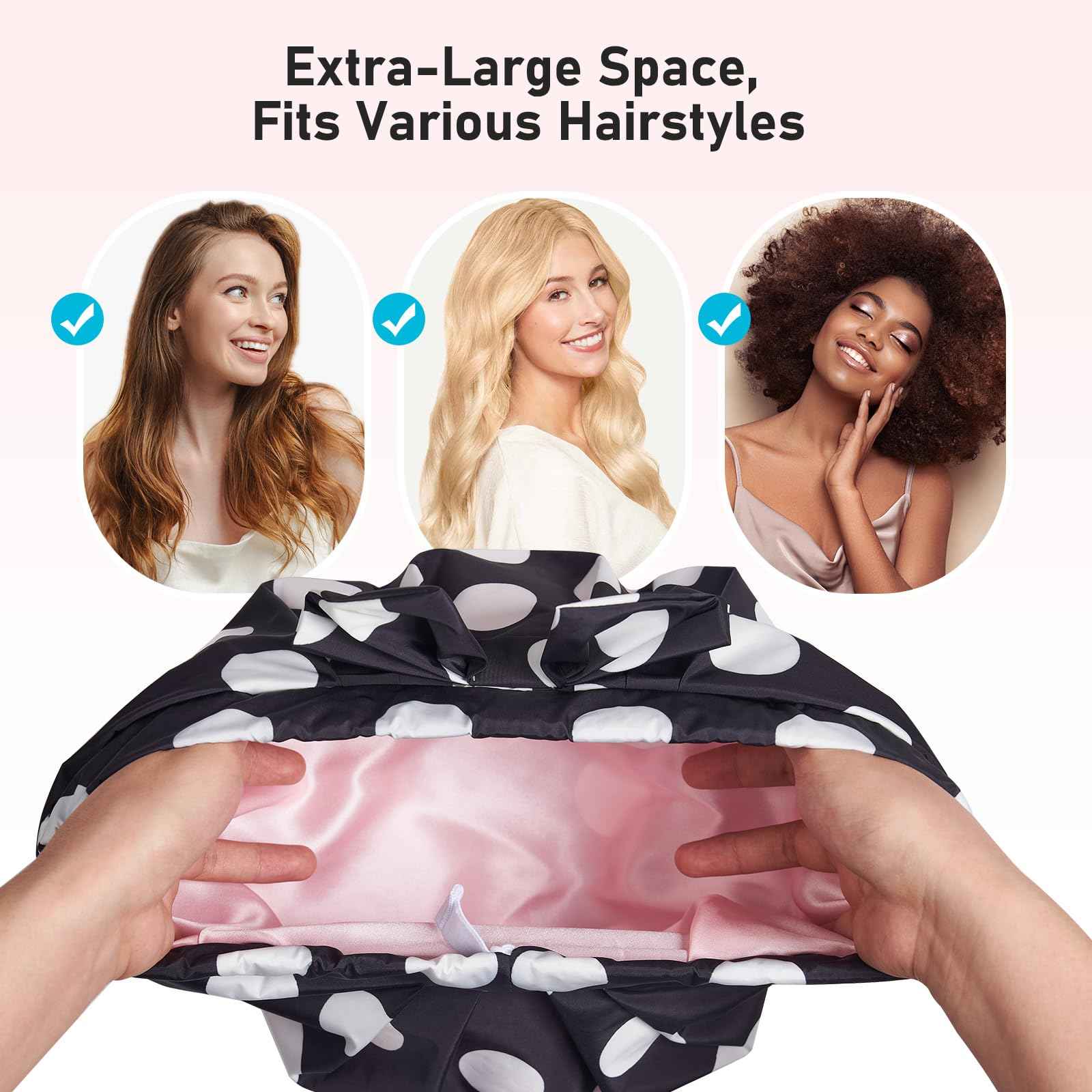 LitBear Luxury Silk Lined Shower Caps for Women Reusable Waterproof, Double Layered Large Bathing Hair Cap with Adjustable Elastic Strap, Non-slip, Quick-dry, for Long Short Hair, Black Dots