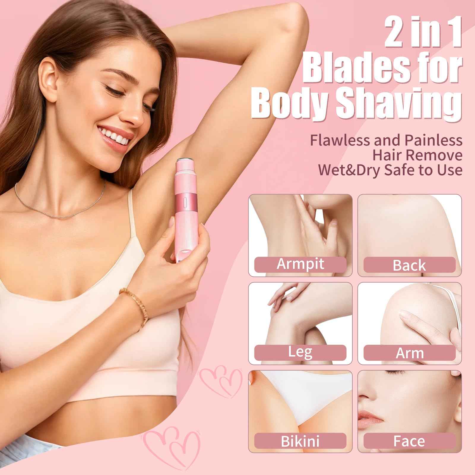 Bikini Trimmer for Women - 2 in 1 Painless Electric Razors for Women, IPX7 Waterproof Rechargeable LED Dual Head Electric Shaver for Lady Bikini Underarm, Body, Leg, Face Hair Remove - Pink