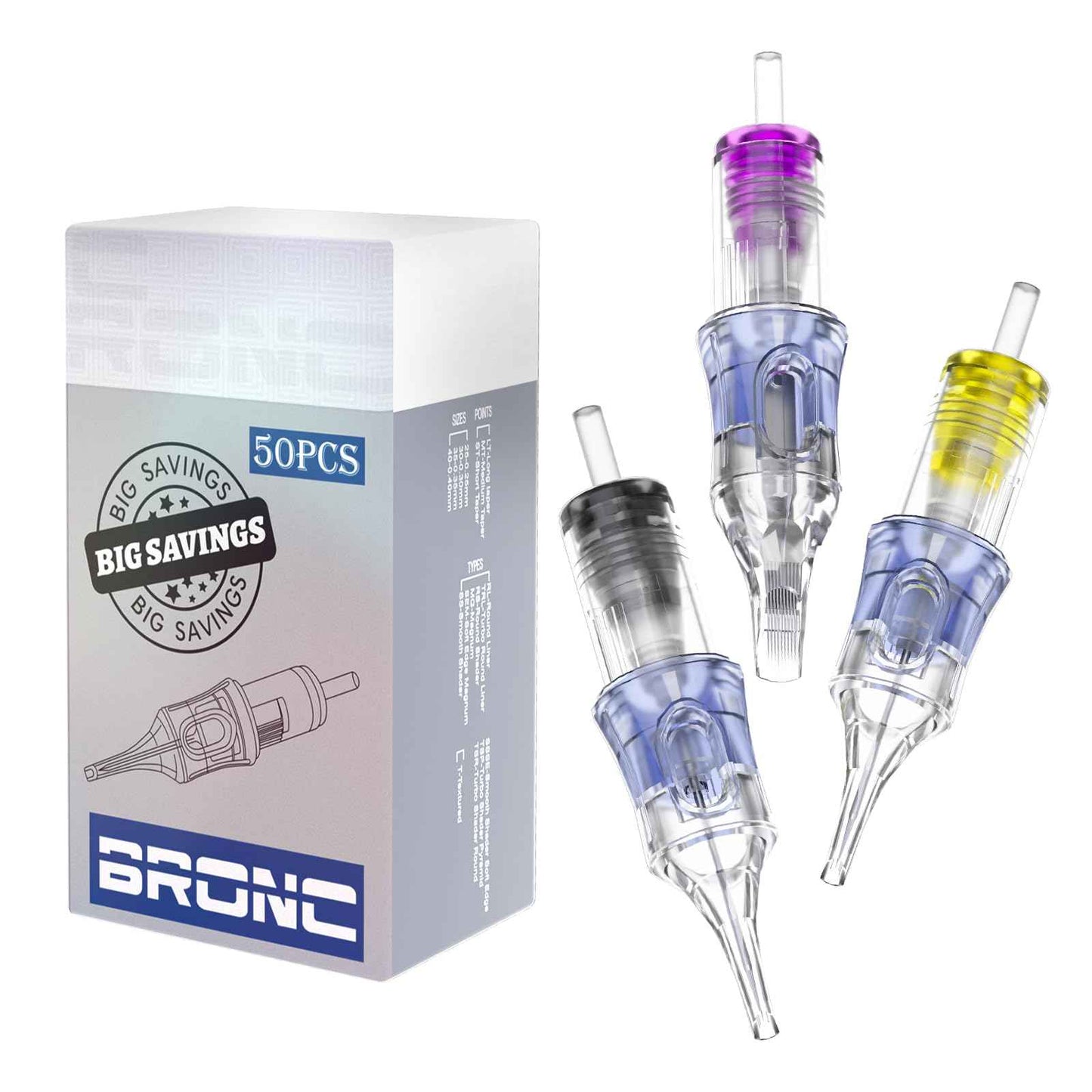 BRONC Assorted Tattoo Cartridge Needles 50pcs Mixed Tattoo Needle Cartridges Round Liner 0.35mm #12 Standard RL (3RL 5RL 7RL 9RL 11RL) for Rotary Tattoo Machine
